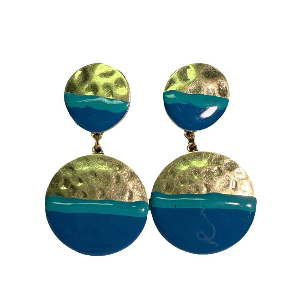 Illuminata Round Drop Post Earrings Hammered‎ Gold Tone And Teal NEW